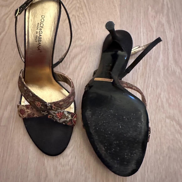 Dolce & Gabbana Vintage Floral Brocade Strappy Heels- Black Satin, Made in Italy - Picture 3 of 7
